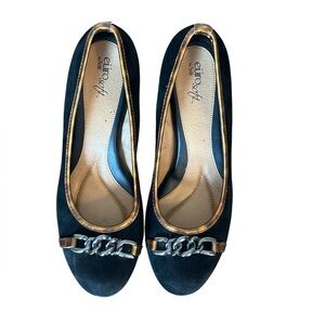 Sofft Eurosport Black suede heels with leopard trim and gun metal chain